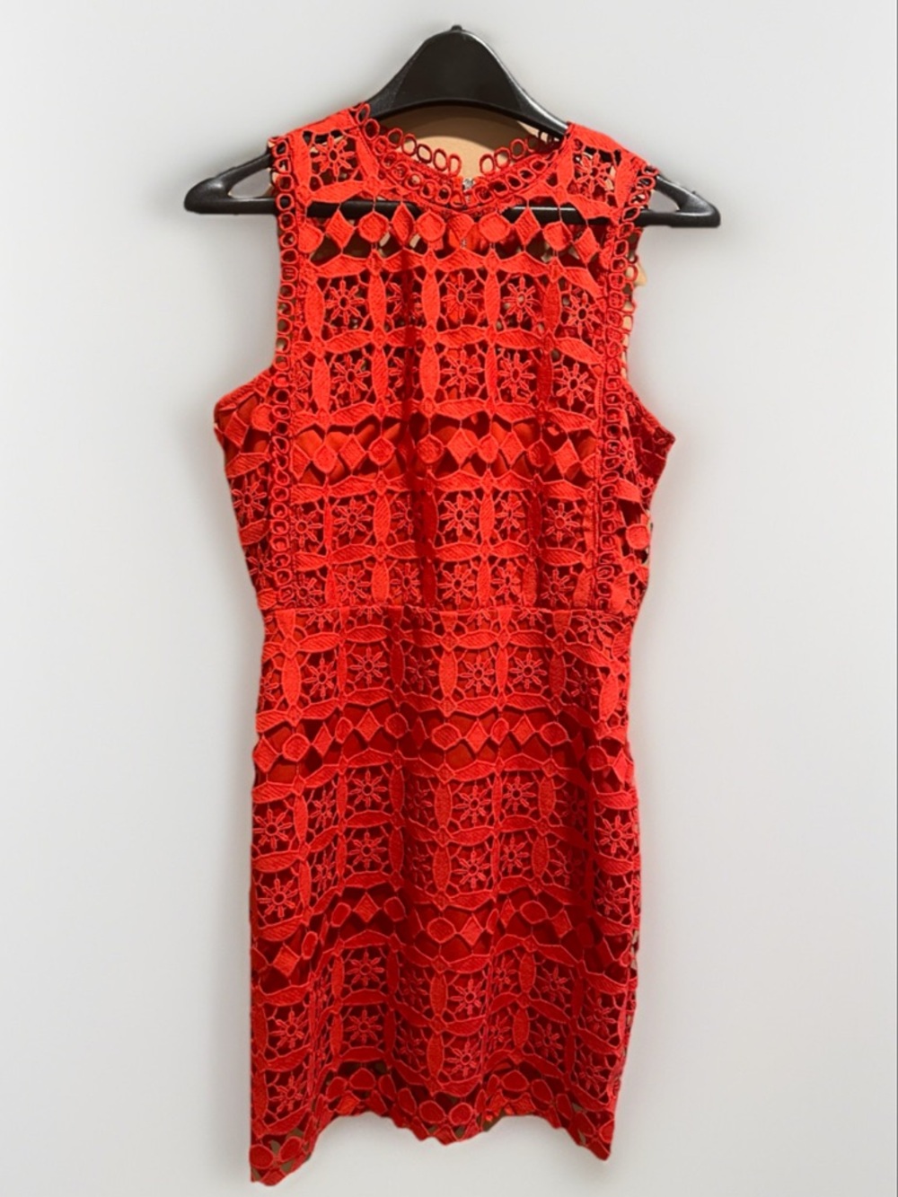 Lulus Red Lace Crochet High Neck Sleeveless Sheath Knee Dress Lined Zip M